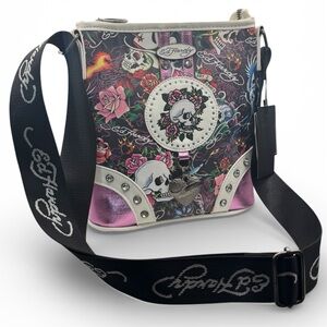 Ed Hardy Skull & Rose Crossbody Shoulder Bag – Tattoo Print, Pink Accent- NWT